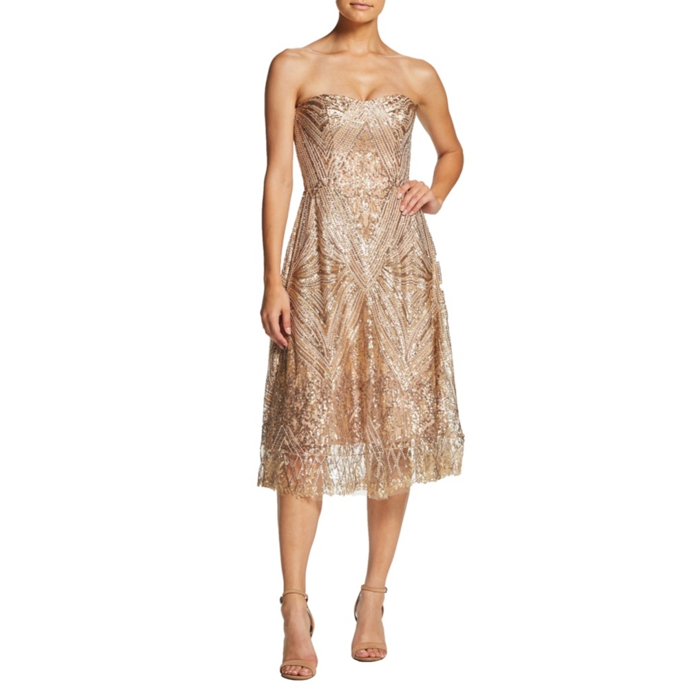 New (floor model) Dress the Population Gold Sequin Strapless Midi Dress